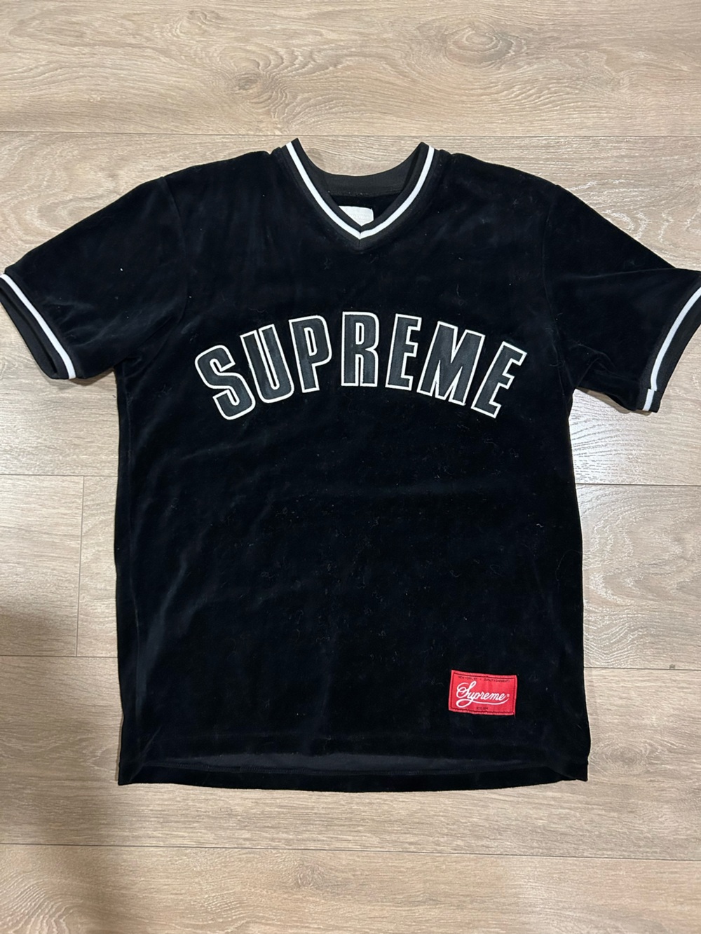 Supreme Black Velour Tee with Red Script Patch